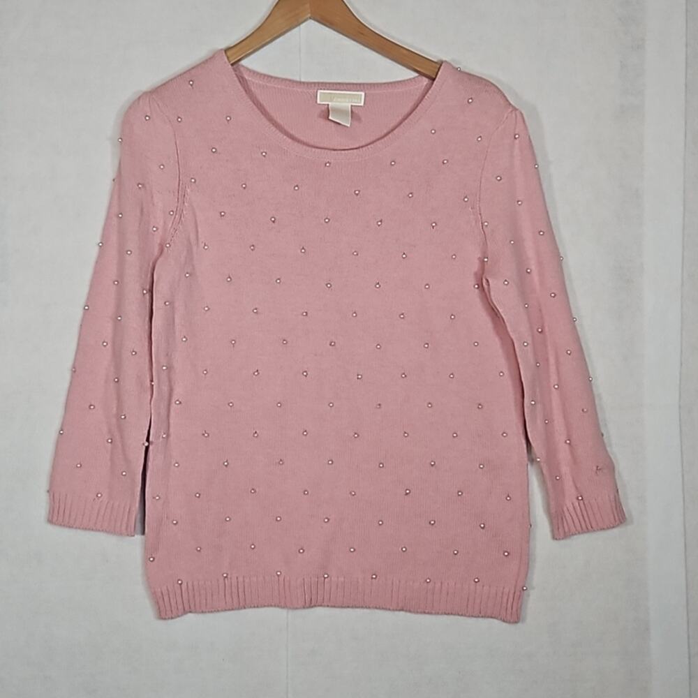 Vintage Christina Light Pink Crew Neck Sweater Faux Pearl Accents Size Small